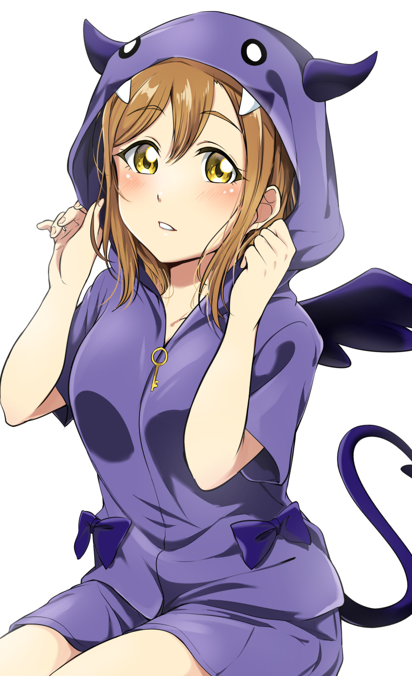 1girl, absurdres, bangs, blush, bow, brown_hair, demon_hood, demon_tail