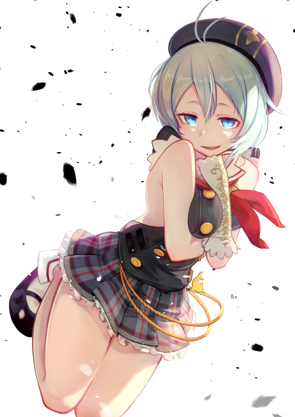 1girl, :d, antenna_hair, arm_between_breast, bangs, bare_shoulders, beret, between_breasts, black_footwear, black_hat, black_shirt, black_skirt, blue_eyes, brat, breasts, commentary_request, dennou_shoujo_youtuber_shiro, elbow_gloves, fingerless_gloves, full_body, gloves, hair_between_eyes, hat, highres, long_hair, looking_at_viewer, mary_janes, medium_breasts, neckerchief, open_mouth, plaid, plaid_skirt, pleated_skirt, red_neckwear, shiro_(dennou_shoujo_youtuber_shiro), shirt, shoes, silver_hair, simple_background, skirt, sleeveless, sleeveless_shirt, smile, socks, solo, virtual_youtuber, white_background, white_gloves, white_legwear