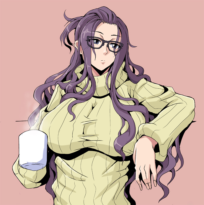 1girl, black-framed_eyewear, blue_eyes, breasts, cup, glasses, kagamihara_sakura, large_breasts