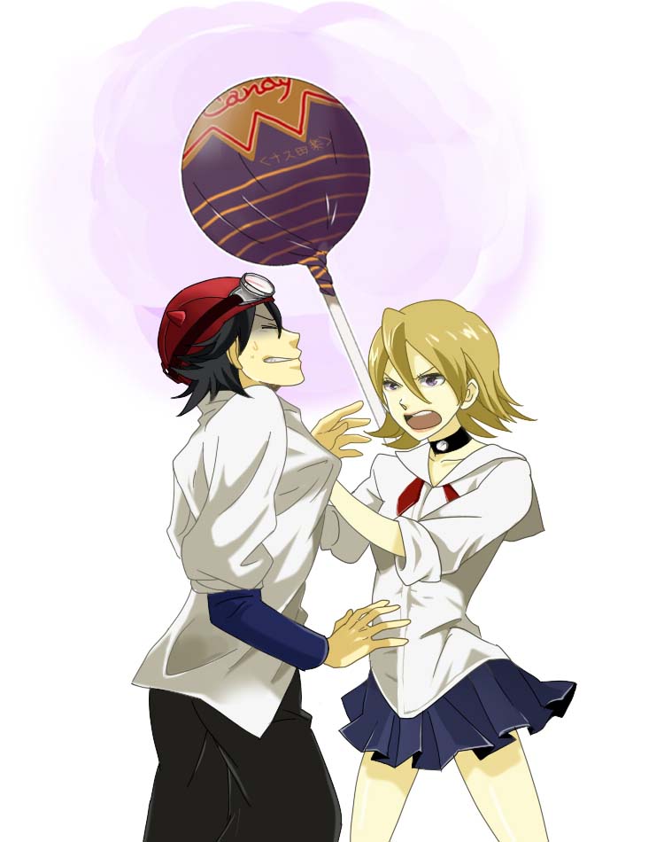 black_hair, blonde_hair, candy, choker, chupa_chups, fujisaki_yusuke, fujisaki_yuusuke, goggles, hat, lollipop, onizuka_hime, regain, rigein, school_uniform, short_hair, sket_dance, skirt, sleeves_rolled_up, tomboy