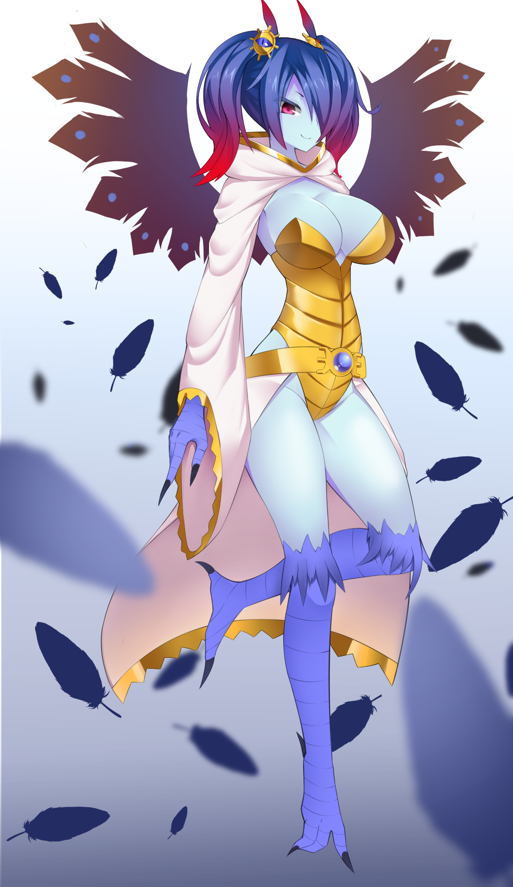 1girl, belt, blue_hair, blue_skin, breasts, claws, closed_mouth, feathers