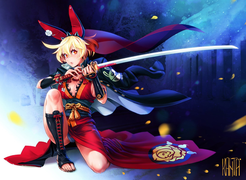 1girl, ahoge, alternate_costume, alternate_eye_color, alternate_hair_color, alternate_weapon, animal_ears, black_footwear