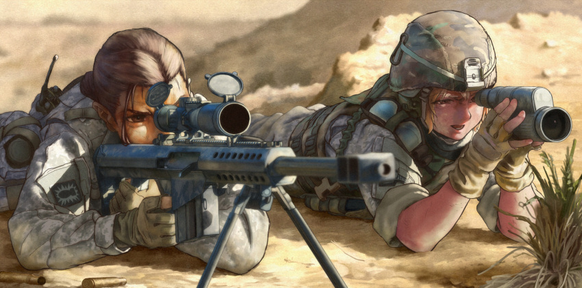 2girls, aiming, anti-materiel_rifle, barrett_m82, binoculars, bipod, black_border, blonde_hair, border, brown_eyes, brown_hair, commentary, compensator, digital_camouflage, english_commentary, field_radio, fingerless_gloves, genderswap, genderswap_(mtf), genso, gloves, goggles, gun, helmet, highres, j.t._sanborn, lying, military, multiple_girls, on_stomach, ponytail, radio, rifle, scope, sniper_rifle, sniper_team, spotting_scope, the_hurt_locker, weapon, william_james