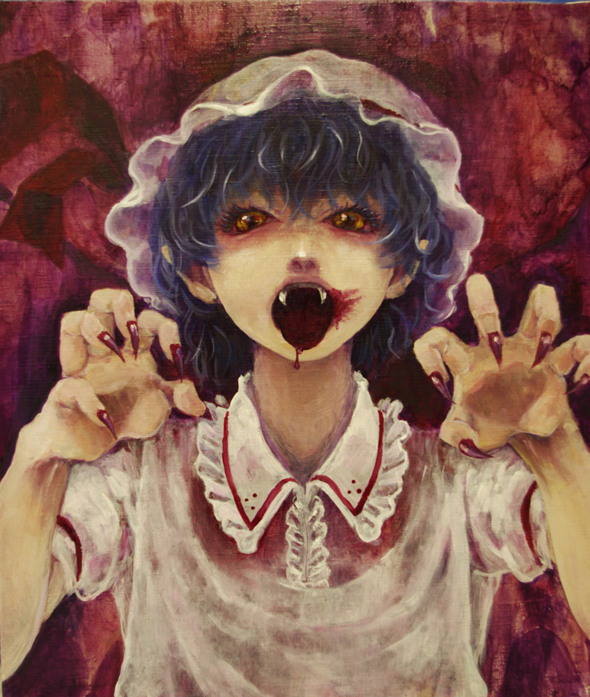 1girl, bangs, blue_hair, creepy, dress, fangs, fingernails, hands_up