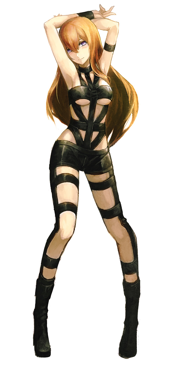 1girl, a-er_(akkij0358), alternate_costume, arm_strap, armpits, arms_up, blush, breasts