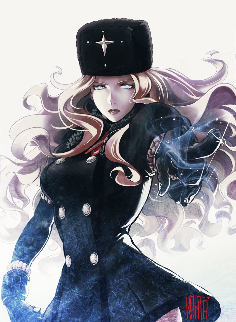 1girl, black_gloves, blonde_hair, blue_eyes, breasts, coat, commentary, fur_collar