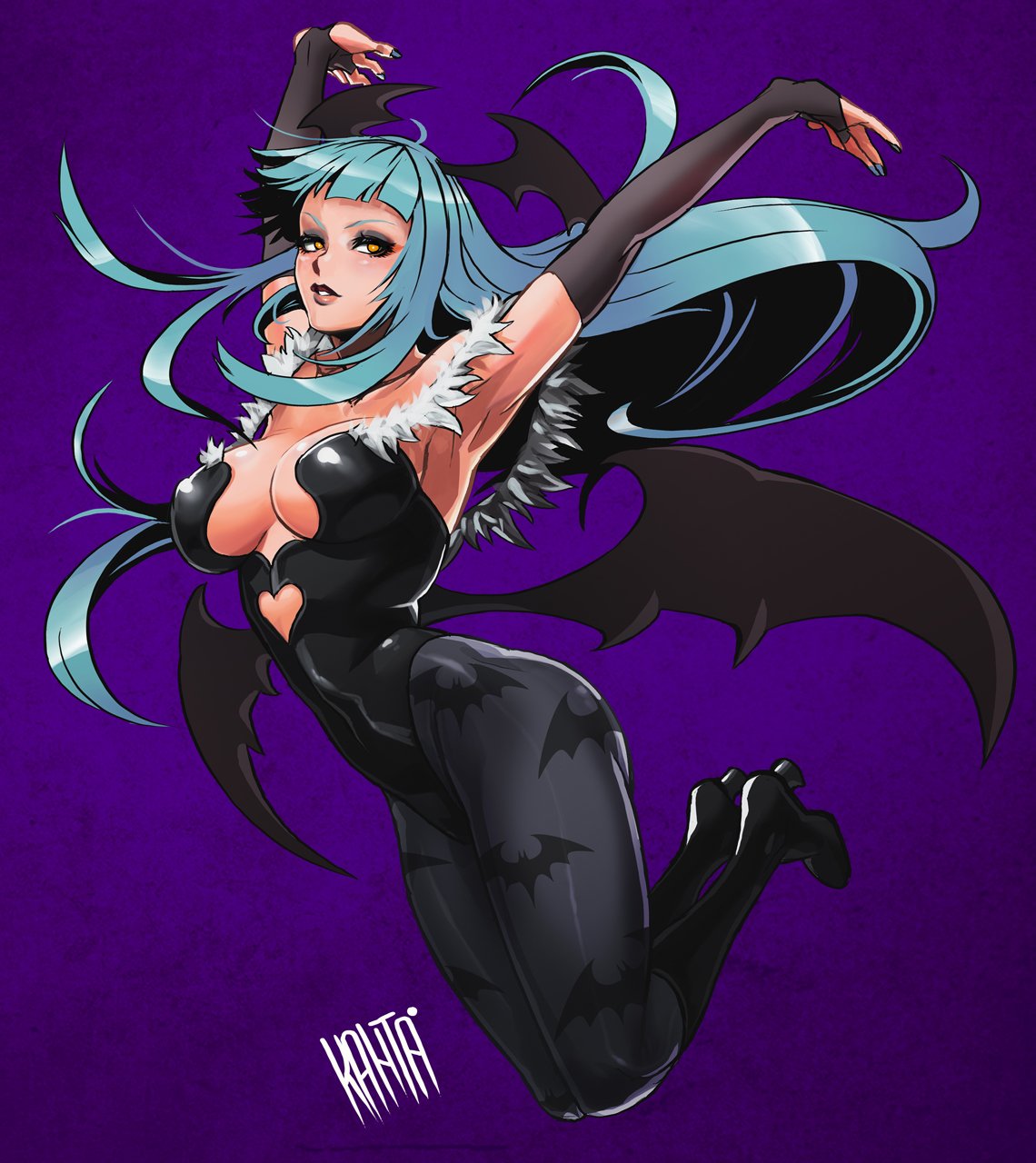 1girl, alternate_color, animal_print, armpits, bangs, bat_print, bat_wings, black_legwear