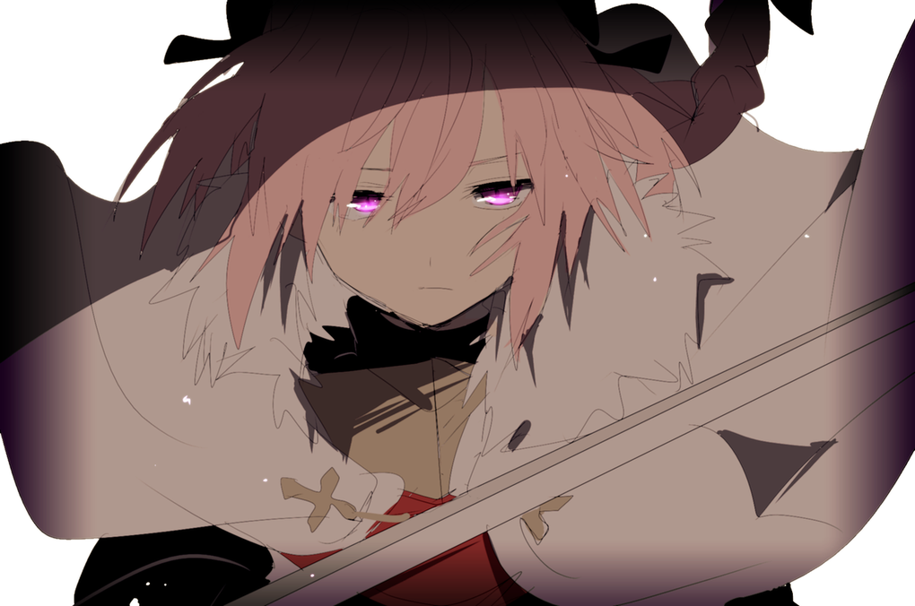 1boy, armor, astolfo_(fate), black_bow, bow, braid, cape, closed_mouth, fate/apocrypha, fate_(series), glowing, glowing_eyes, hair_between_eyes, hair_bow, hiiragi_fuyuki, holding, holding_sword, holding_weapon, looking_at_viewer, male_focus, pink_hair, simple_background, single_braid, solo, sword, trap, upper_body, violet_eyes, weapon, white_background, white_cape