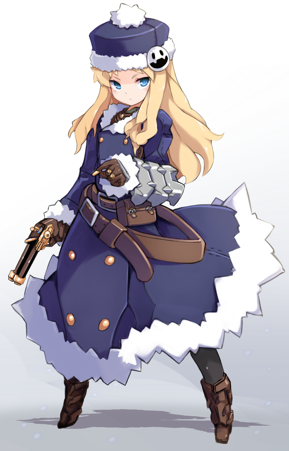 1girl, bangs, black_legwear, blonde_hair, blue_coat, blue_eyes, blue_hat, blush