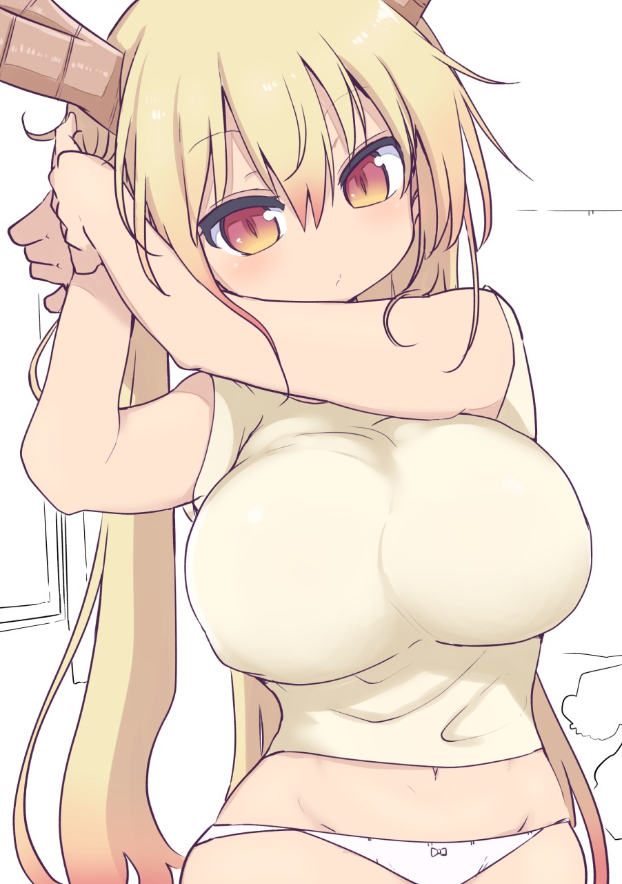 1girl, blonde_hair, breasts, cool-kyou_shinja, erect_nipples, highres, horns, kobayashi-san_chi_no_maidragon, large_breasts, long_hair, midriff, navel, panties, red_eyes, slit_pupils, solo, tooru_(maidragon), underwear, very_long_hair, white_panties