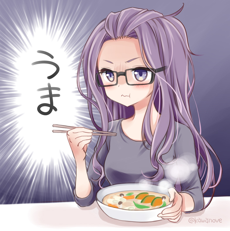 1girl, black-framed_eyewear, breasts, eating, glasses, grey_t-shirt, houtou_(food), kagamihara_sakura, kawanobe, long_hair, purple_hair, solo, t-shirt, udon, yurucamp