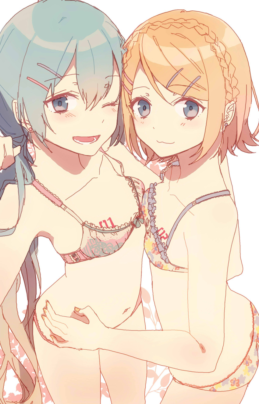 2girls, :3, ;d, absurdres, aqua_eyes, aqua_hair, bare_arms, bare_shoulders
