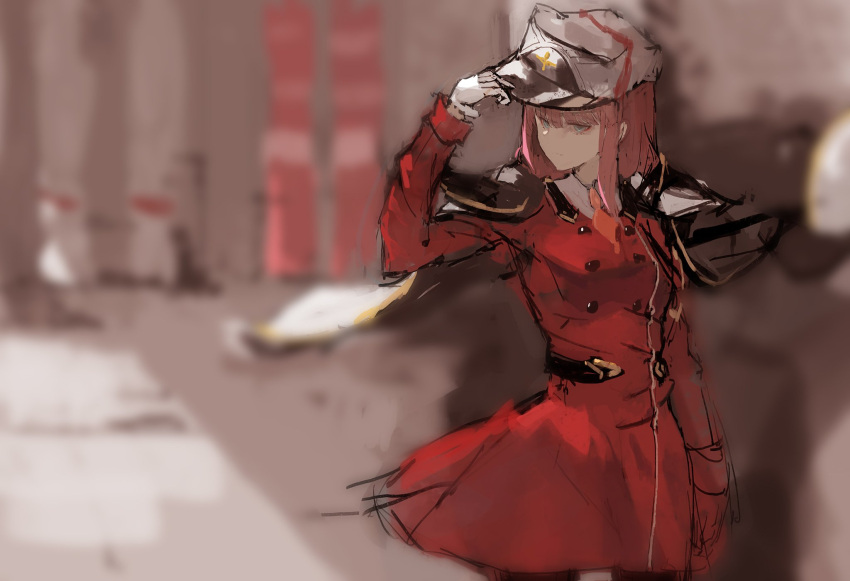 1girl, adjusting_headwear, akasen, aqua_eyes, bangs, blunt_bangs, cowboy_shot, darling_in_the_franxx, gloves, hat, highres, long_hair, long_sleeves, looking_to_the_side, military, military_hat, military_uniform, orange_neckwear, pink_hair, solo, uniform, white_gloves, zero_two_(darling_in_the_franxx)