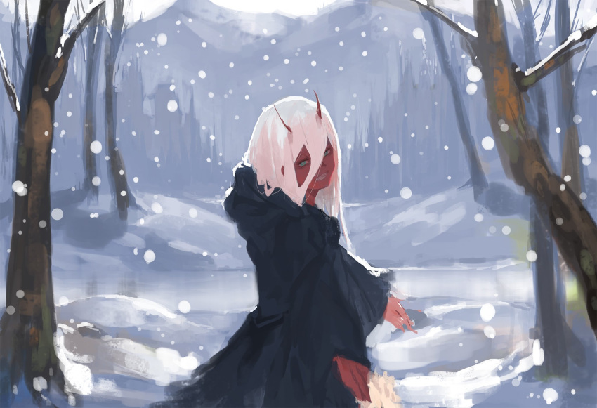 1girl, akasen, aqua_eyes, bare_tree, black_robe, darling_in_the_franxx, hair_between_eyes, highres, hood, hood_down, hooded_robe, horns, long_hair, long_sleeves, looking_at_viewer, looking_back, outdoors, outstretched_arms, pink_hair, red_skin, robe, sharp_teeth, smile, snow, snowing, solo, spoilers, teeth, tree, zero_two_(darling_in_the_franxx)