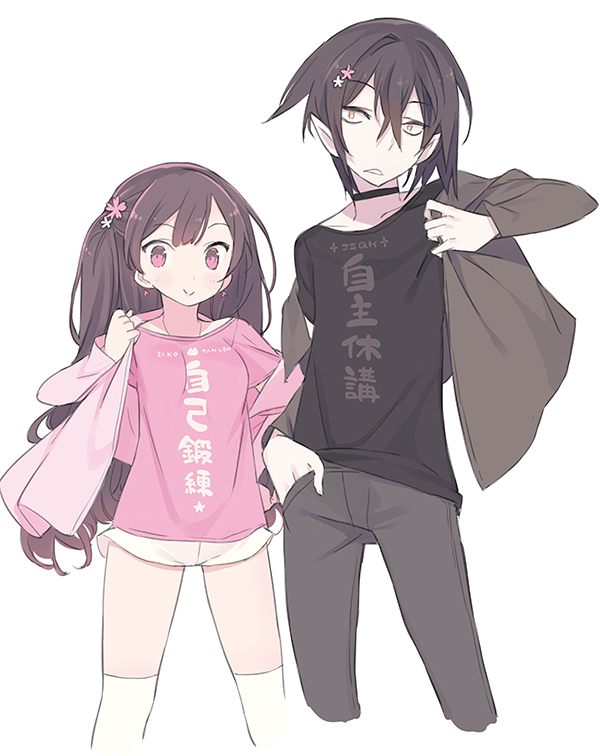 1boy, 1girl, :>, bangs, black_choker, black_hair, black_pants, black_shirt, blade_(galaxist), blush, brown_eyes, brown_hair, choker, closed_mouth, collarbone, earrings, eyebrows_visible_through_hair, flower, hair_between_eyes, hair_flower, hair_ornament, height_difference, jacket, jewelry, killian_phegor, kneehighs, long_hair, looking_at_viewer, matching_outfit, pants, parted_lips, pink_eyes, pink_jacket, pink_shirt, pointy_ears, pop-up_story, serizawa_shion, shinigami, shirt, short_shorts, short_sleeves, shorts, smile, very_long_hair, violet_eyes, white_legwear, white_shorts, yellow_eyes