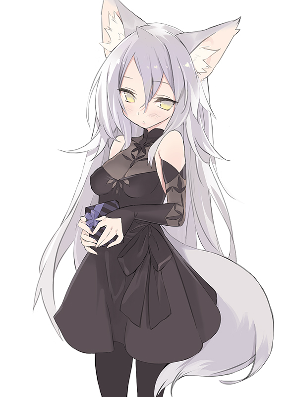 1girl, :o, alternate_hair_length, alternate_hairstyle, animal_ears, bangs, bare_shoulders, black_dress, black_legwear, blade_(galaxist), blush, box, breasts, detached_sleeves, dress, eyebrows_visible_through_hair, gift, gift_box, hair_between_eyes, holding, holding_gift, long_hair, long_sleeves, looking_at_viewer, medium_breasts, pantyhose, parted_lips, pop-up_story, rita_drake, see-through, silver_hair, sleeveless, sleeveless_dress, sleeves_past_wrists, solo, tail, valentine, very_long_hair, wolf_ears, wolf_girl, wolf_tail, yellow_eyes