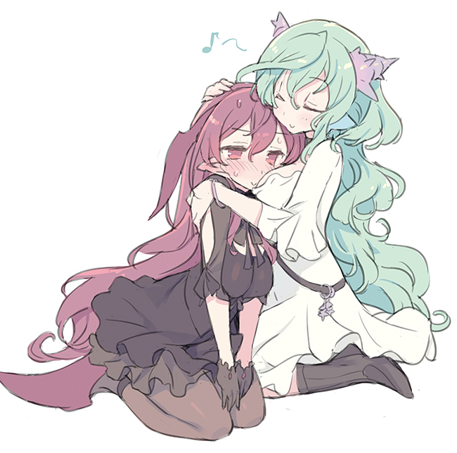 2girls, :>, alternate_hair_length, alternate_hairstyle, bangs, between_breasts, black_dress, black_gloves, black_legwear, blade_(galaxist), blush, bracelet, breasts, carrie_alberta, clarice_umbra, closed_eyes, closed_mouth, demon_girl, dress, eighth_note, eyebrows_visible_through_hair, gloves, green_hair, hair_between_eyes, hand_on_another's_head, head_between_breasts, head_wings, hug, jewelry, long_hair, medium_breasts, multiple_girls, music, musical_note, nose_blush, pantyhose, pointy_ears, pop-up_story, red_eyes, red_wings, redhead, shell_hair_ornament, short_sleeves, simple_background, singing, siren_(mythology), smile, socks, succubus, sweat, very_long_hair, white_background, white_dress, wings
