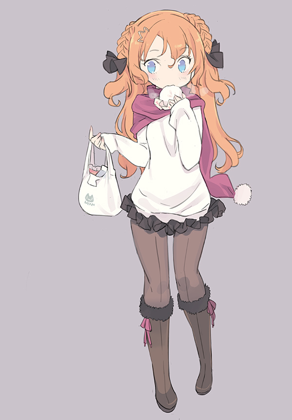 1girl, alisa_kirsten, bag, bangs, baozi, black_footwear, black_legwear, black_ribbon