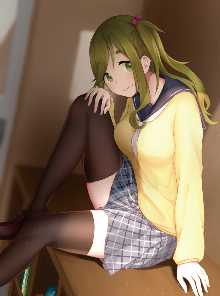 1girl, black_legwear, blurry, blush, breasts, brown_footwear, brown_hair, closed_mouth, depth_of_field, dutch_angle, eyebrows_visible_through_hair, from_side, green_eyes, grey_skirt, hair_bobbles, hair_ornament, hand_on_own_knee, highres, indoors, inuyama_aoi, large_breasts, light_smile, long_hair, long_sleeves, neckerchief, plaid, plaid_skirt, pleated_skirt, school_uniform, serafuku, shinyoujurin, side_ponytail, sitting, skirt, solo, sunlight, thigh-highs, yurucamp