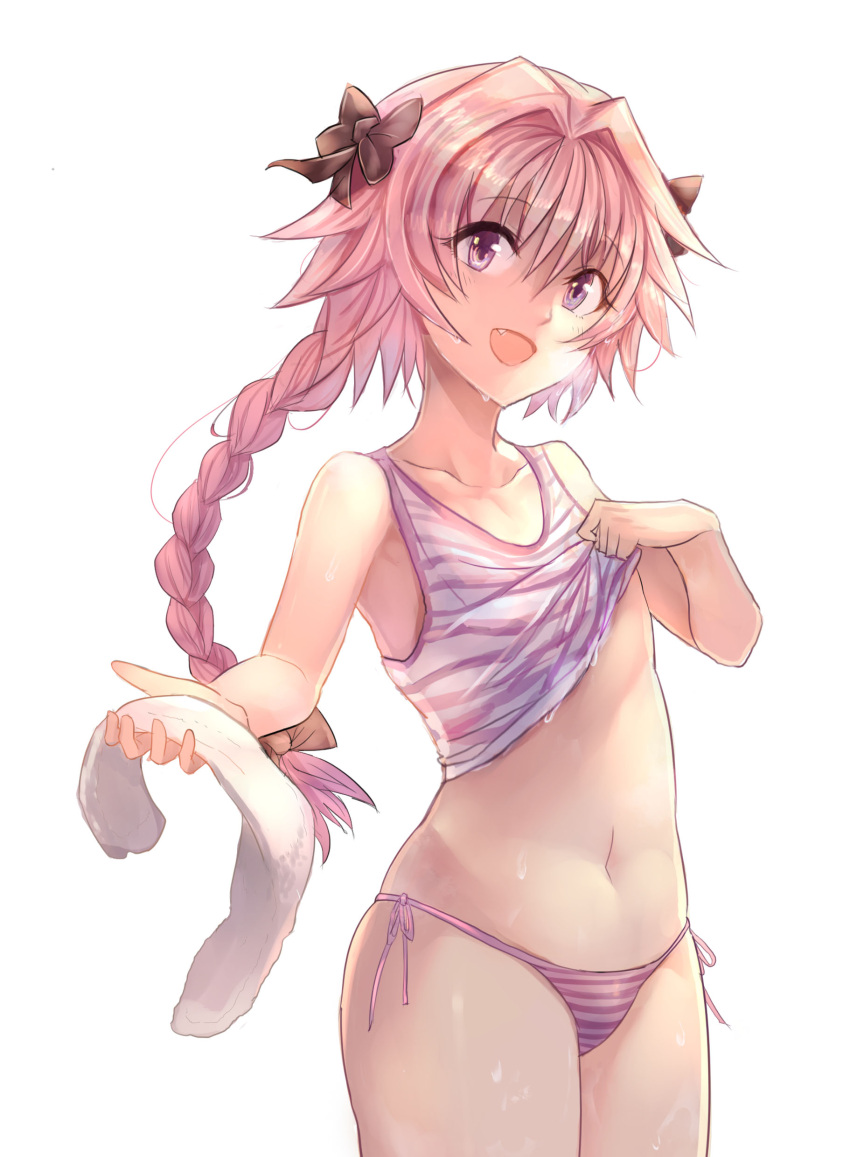 1boy, :d, absurdres, astolfo_(fate), bangs, bare_arms, bare_shoulders, bow, brown_bow, clothes_lift, collarbone, cowboy_shot, eyebrows_visible_through_hair, fang, fate_(series), hair_bow, head_tilt, highres, holding, holding_towel, lifted_by_self, long_hair, looking_at_viewer, male_focus, navel, open_mouth, otoko_no_ko, panties, pink_hair, pink_panties, pink_ribbon, ribbon, shiny, shiny_hair, shiny_skin, side-tie_panties, smile, solo, stomach, striped, striped_panties, sweat, tank_top_lift, tareme, thigh-highs, towel, underwear, very_long_hair, violet_eyes, yougen_kitsune