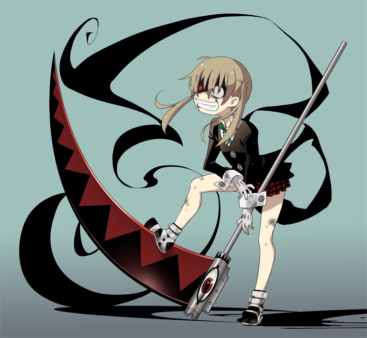 12_toshi, crazy_eyes, maka_albarn, maka_arubaan, plaid, plaid_skirt, scythe, skirt, soul_eater, tartan, twintails