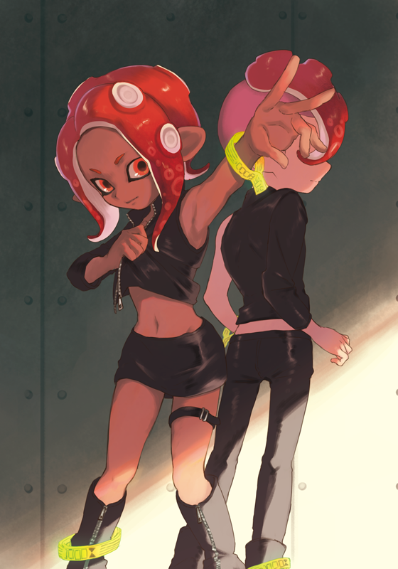 1boy, 1girl, \m/, agent_8, arm_up, armpits, black_pants, crop_top