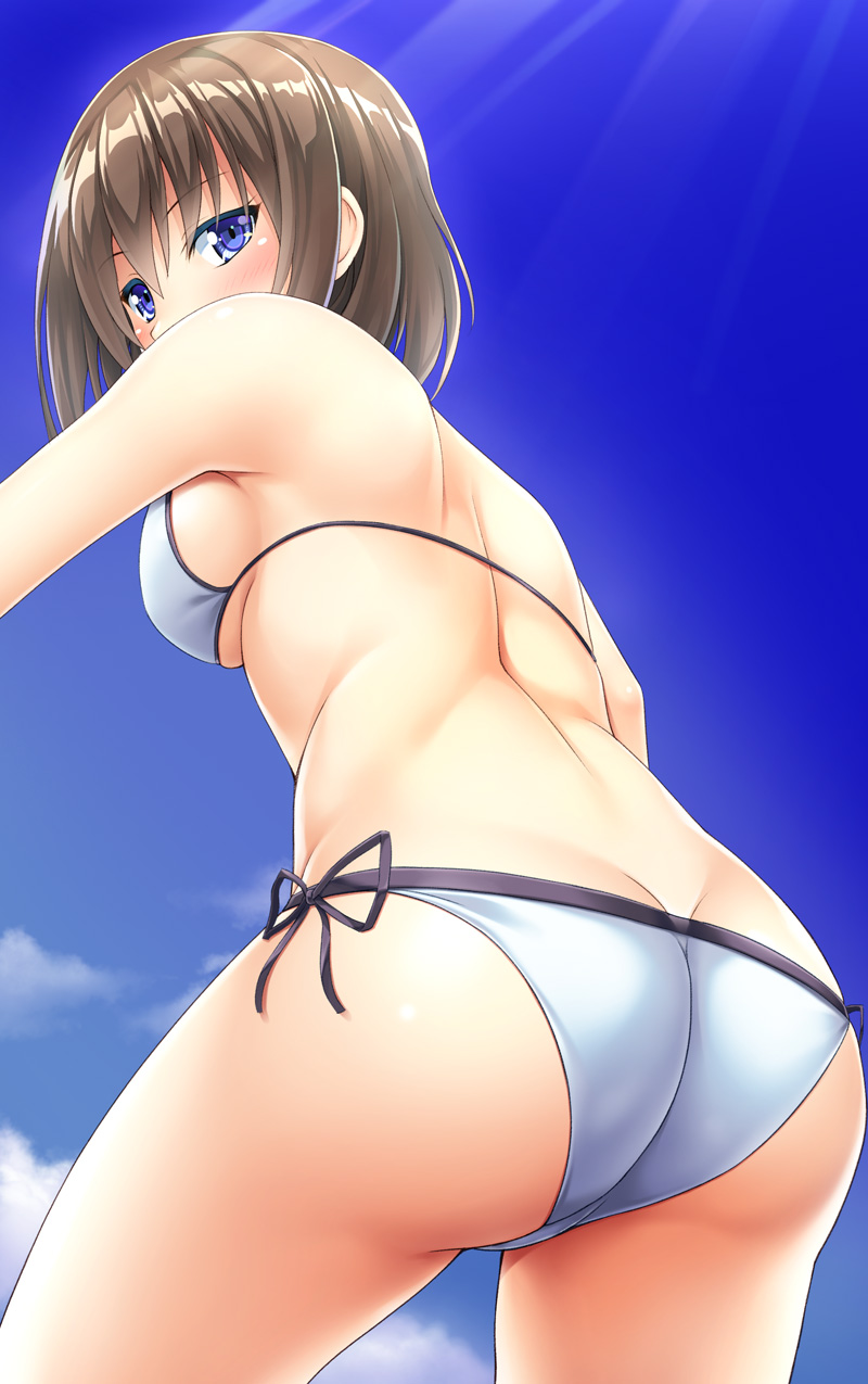 1girl, ass, bikini, blue_eyes, blush, breasts, brown_hair, clouds, covering_mouth, cowboy_shot, day, dutch_angle, eyebrows_visible_through_hair, from_below, highres, looking_at_viewer, medium_breasts, noshimasa, ocean, original, outdoors, short_hair, side-tie_bikini, sideboob, sky, solo, swimsuit, white_bikini