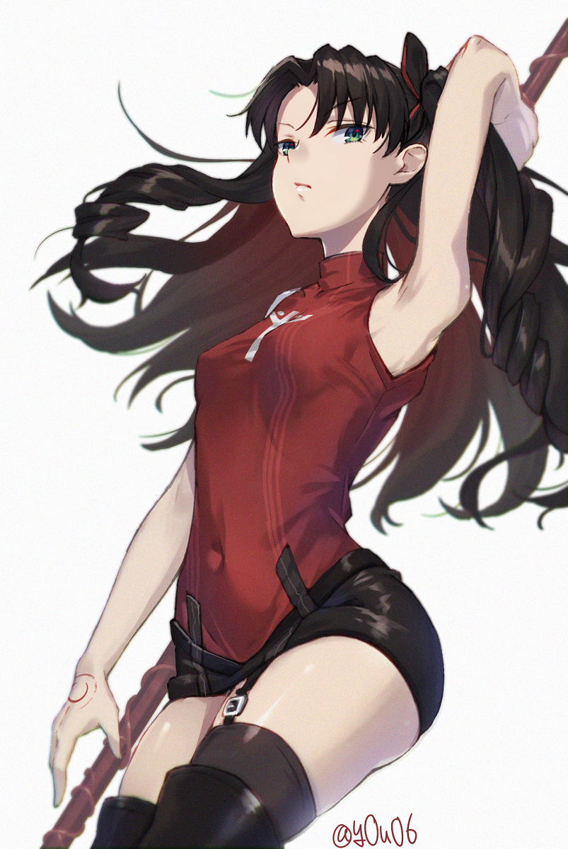 1girl, armpits, arms_up, bangs, boots, breasts, brown_hair, covered_navel