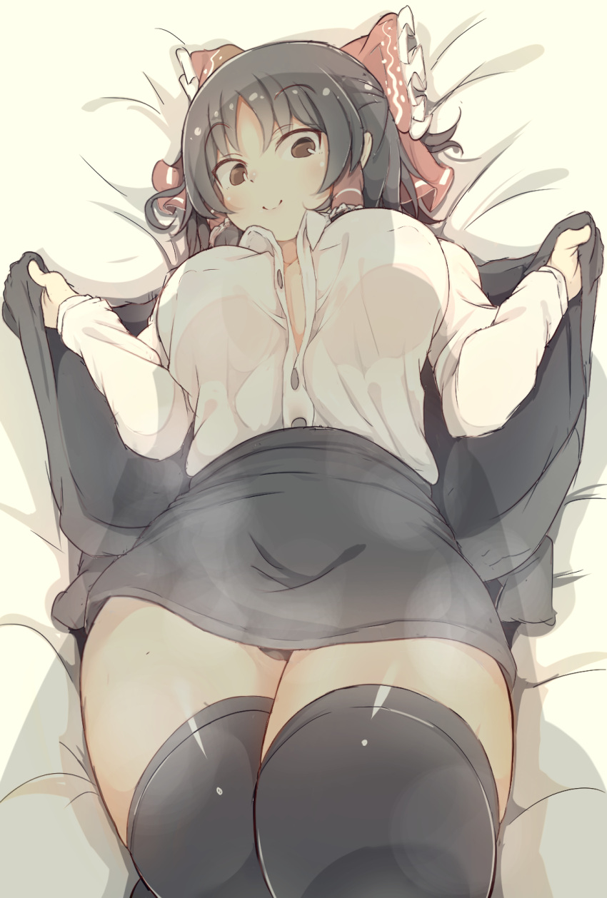 1girl, akabeco, bed_sheet, black_hair, black_legwear, black_panties, black_skirt, bow