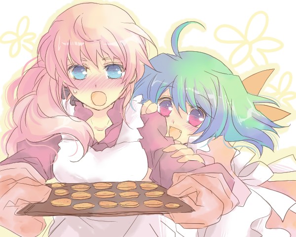 :o, amano, apron, blonde_hair, blue_eyes, blush, breasts, cookie