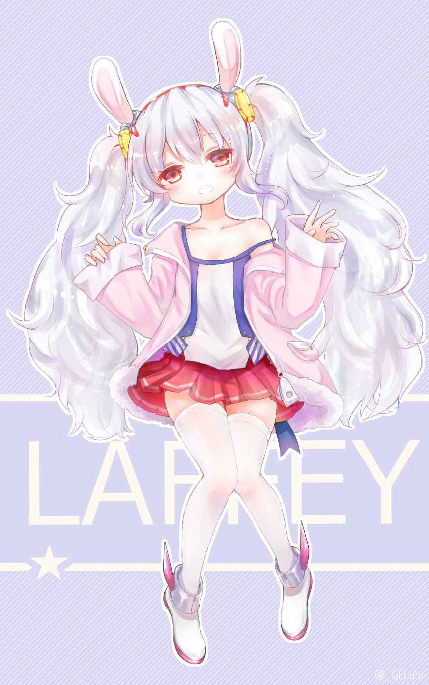 1girl, azur_lane, character_name, collarbone, commentary_request, gelulu, head_tilt, highres, jacket, laffey_(azur_lane), long_hair, looking_at_viewer, open_mouth, pleated_skirt, red_eyes, silver_hair, skirt, solo, thigh-highs, twintails, white_legwear, zettai_ryouiki