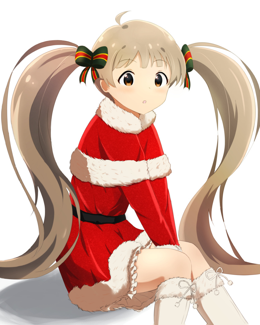 boots, bow, brown_eyes, brown_hair, chestnut_mouth, fur_trim, hair_bow, hakozaki_serika