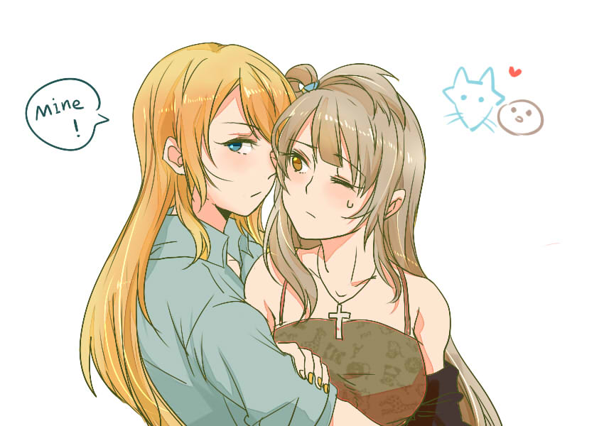 2girls, ayase_eli, bangs, blonde_hair, blue_eyes, blue_shirt, brown_dress, brown_eyes