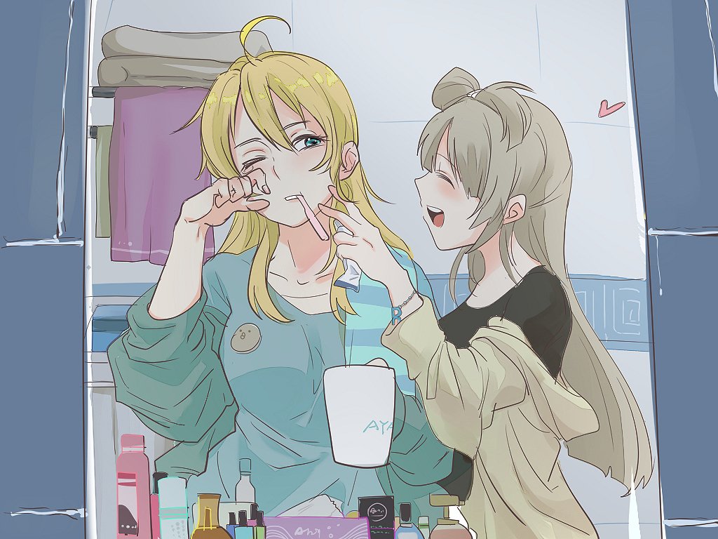 2girls, ^_^, ahoge, ayase_eli, bangs, black_legwear, blonde_hair, blue_eyes, blue_shirt, bottle, bracelet, cai_yi_linzi, closed_eyes, cosmetics, cup, grey_hair, hair_between_eyes, hair_down, heart, holding_mug, jewelry, long_hair, long_sleeves, love_live!, love_live!_school_idol_project, minami_kotori, minami_kotori_(bird), mirror, mouth_hold, mug, multiple_girls, nail_polish_bottle, off_shoulder, one_eye_closed, one_side_up, open_mouth, perfume_bottle, reflection, rubbing_eyes, shirt, smile, tissue_box, toothbrush, toothpaste, towel, towel_around_neck, towel_rack, upper_body, v, yuri