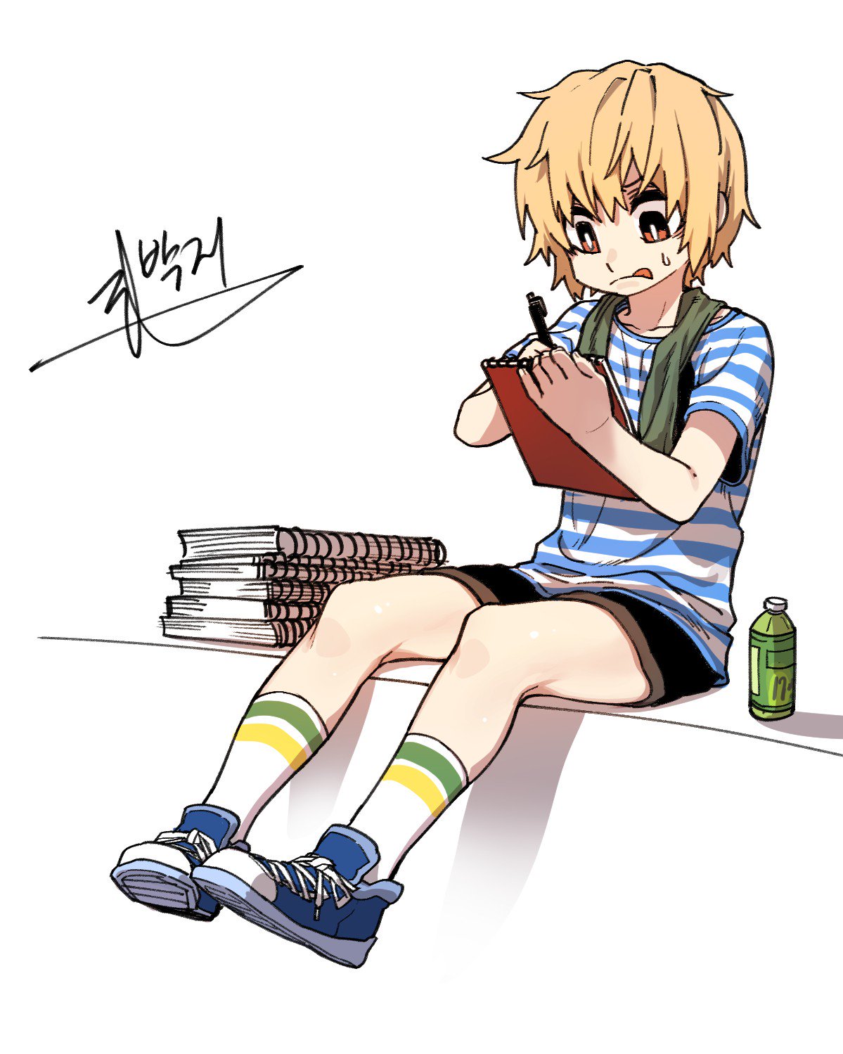 1boy, :p, blonde_hair, bottle, drawing, highres, jeong_sana, male_focus, parkgee, pen, red_eyes, shirt, shoes, shorts, sketchbook, sneakers, socks, solo, striped, striped_shirt, suicide_boy, sweatdrop, tongue, tongue_out