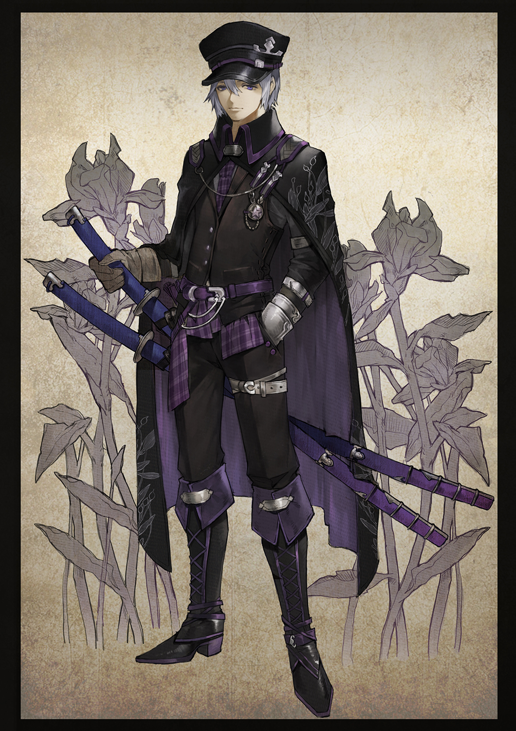 1boy, baiguiyu, black_border, black_cape, black_footwear, black_hat, black_pants, boots