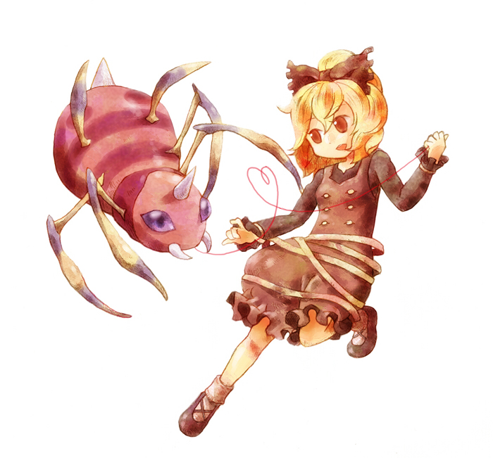 1girl, amemidori, ariados, blonde_hair, bow, brown_eyes, crossover, hair_bow
