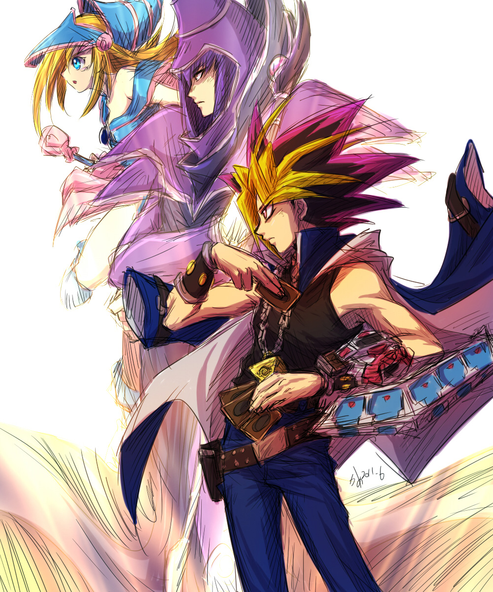 1girl, blonde_hair, commentary_request, dark_magician, dark_magician_girl, duel_monster, hat, highres