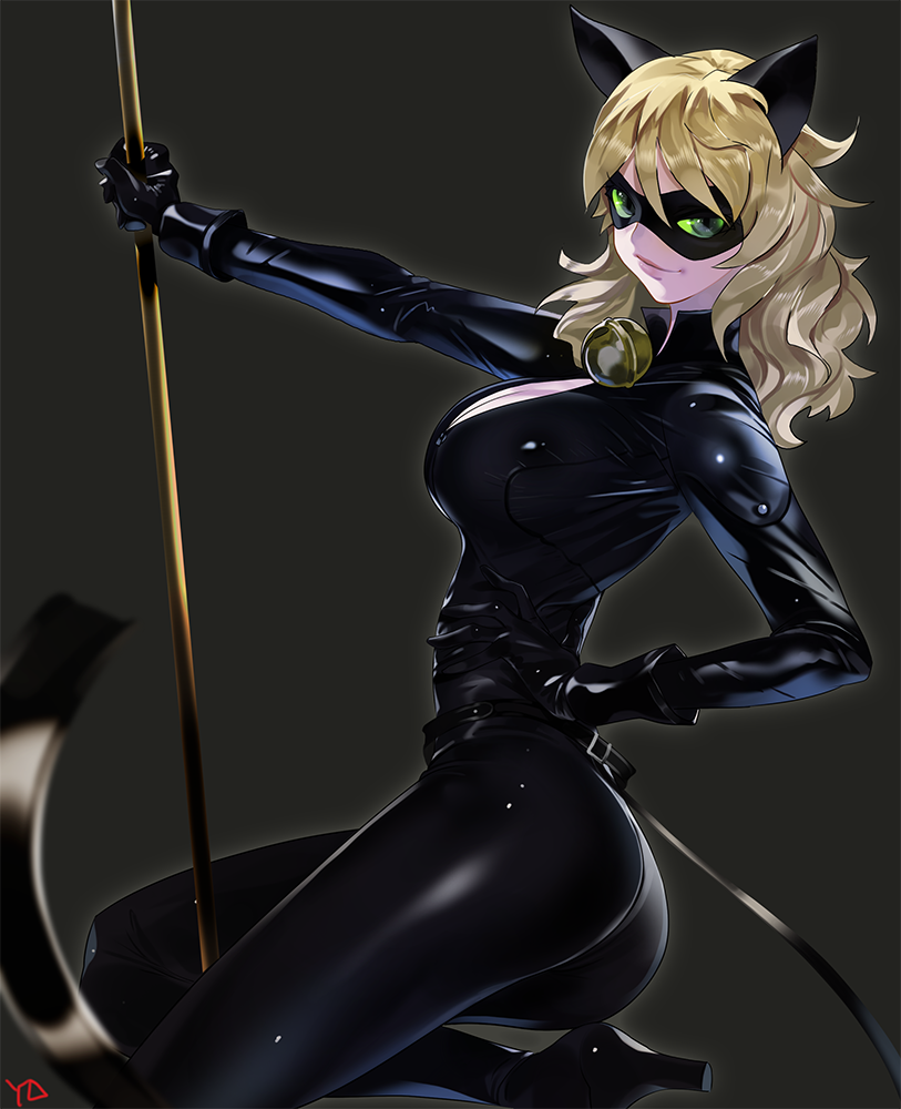 1girl, adrien_agreste, animal_ears, ass, black_bodysuit, black_gloves, blonde_hair, bodysuit