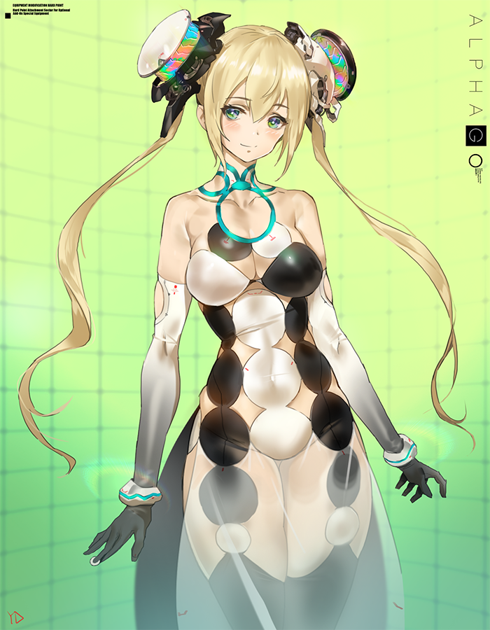 1girl, alphago, black_gloves, blonde_hair, breasts, character_name, closed_mouth, commentary_request