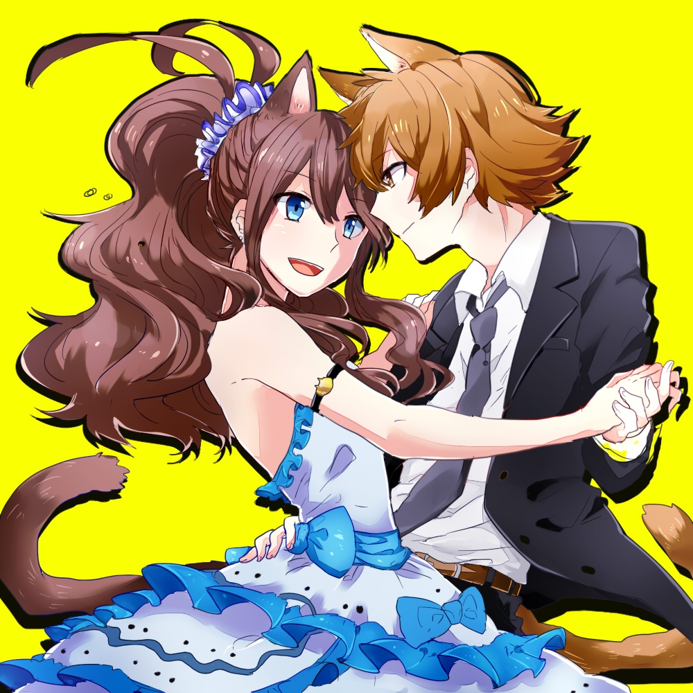 1boy, 1girl, animal_ears, cat_ears, commentary_request, long_hair, pokemon, pokemon_(game)