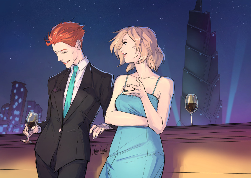 2girls, absurdres, afterlaughs, against_railing, alcohol, blonde_hair, blue_dress, blue_eyes, breasts, closed_eyes, commentary, cup, dress, dress_shirt, drinking_glass, formal, highres, laughing, lips, medium_breasts, mercy_(overwatch), moira_(overwatch), multiple_girls, nail_polish, necktie, night, orange_hair, overwatch, purple_nails, reverse_trap, shirt, short_hair, small_breasts, spaghetti_strap, suit, wine, wine_glass