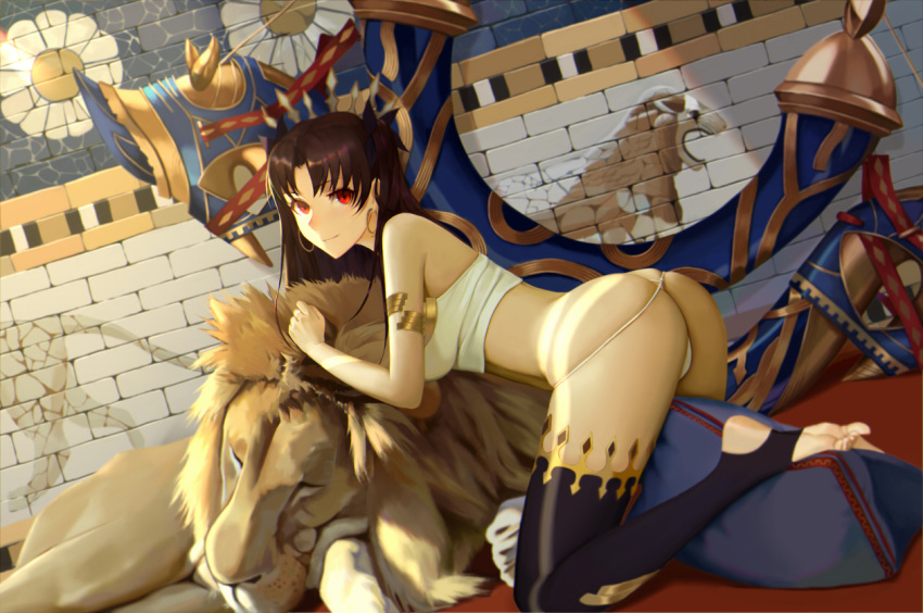 1girl, armlet, ass, bangs, black_hair, black_ribbon, closed_eyes, earrings, fate/grand_order, fate_(series), hair_ribbon, heavenly_boat_maanna, ishtar_(fate/grand_order), jewelry, kamikakushi_no_ocarino, kneeling, leaning, lion, long_hair, looking_at_viewer, parted_bangs, red_eyes, ribbon, single_thighhigh, sleeping, smile, thigh-highs, tohsaka_rin, two_side_up