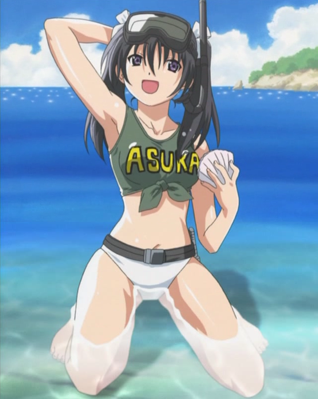 barefoot, beach, belt, bikini, bikini_bottom, black_hair, cap, diving_mask, hand_behind_head, happy, kneeling, knife, midriff, nurse_witch_komugi-chan, ocean, purple_eyes, sakurai_asuka, screencap, seashell, shell, snorkel, stitched, swimsuit, tank_top, tankini, tied_shirt, twintails, violet_eyes, wading, water