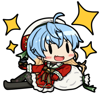 1girl, 90mm_single_high-angle_gun_mount, ahoge, alterante_costume, bag, bamomon, blue_hair, blush_stickers, fairy_(kantai_collection), fang, gradient_hair, hat, kantai_collection, long_hair, lowres, multicolored_hair, sado_(kantai_collection), santa_costume, solo, sparkle, thigh-highs