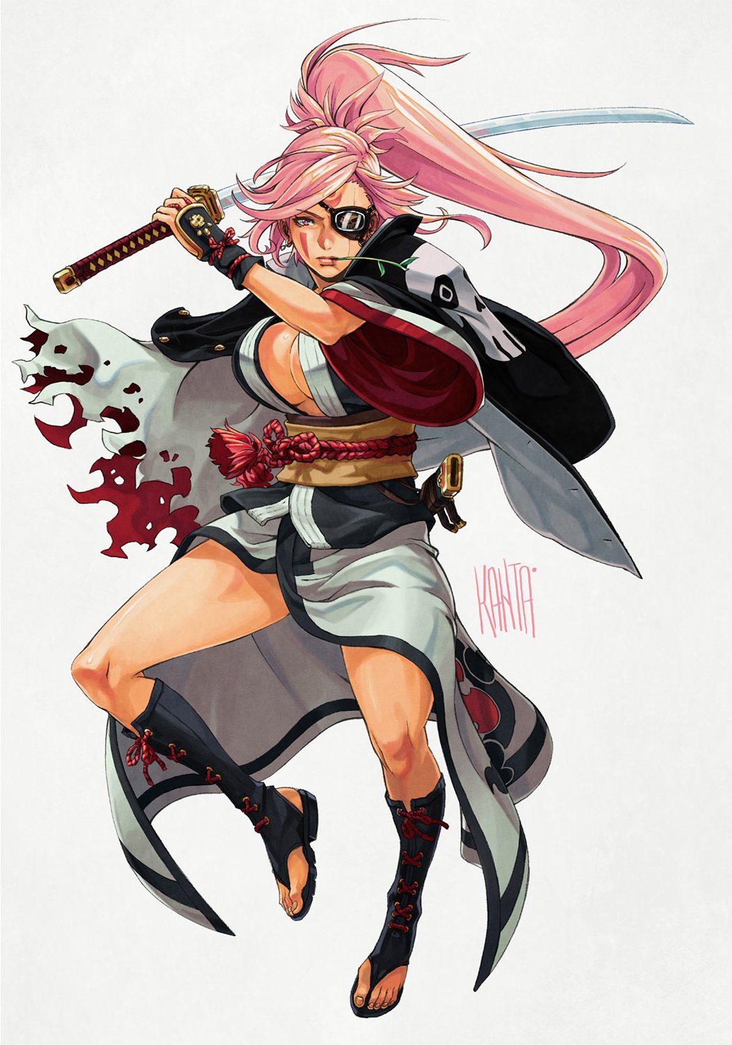 1girl, amputee, armor, baiken, boots, breasts, cleavage, commentary