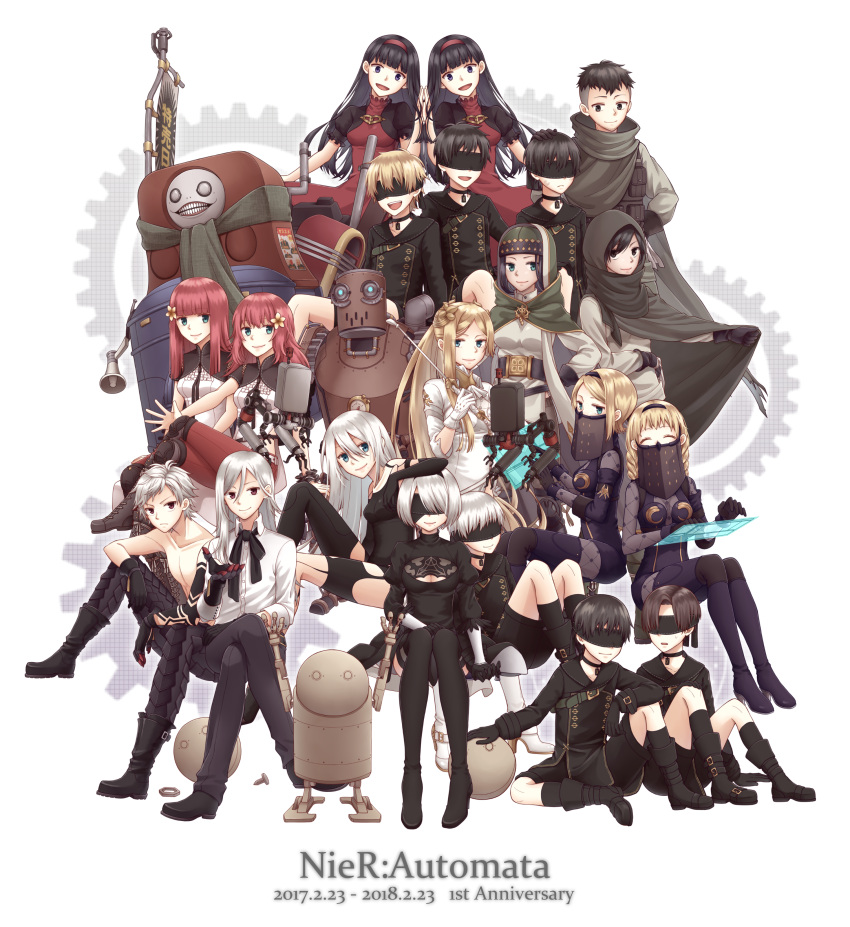 6+boys, 6+girls, :d, ^_^, absurdres, adam_(nier_automata), anemone_(nier_automata), anniversary