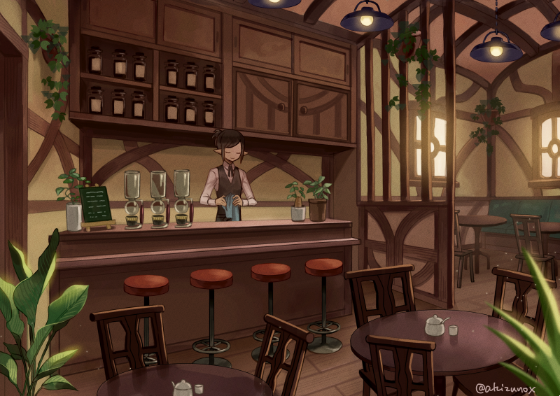 1girl, akizuno, brown_hair, chair, indoors, long_sleeves, original, pointy_ears
