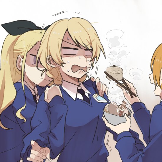 3girls, :|, assam, bangs, black_ribbon, blank_eyes, blonde_hair, blue_eyes, braid, chopsticks, closed_mouth, commentary_request, darjeeling, feeding, food, girls_und_panzer, gloom_(expression), hair_pulled_back, hair_ribbon, hand_on_another's_shoulder, holding, holding_food, long_hair, looking_at_another, multiple_girls, open_mouth, orange_hair, orange_pekoe, ree_(re-19), restrained, ribbon, short_hair, st._gloriana's_school_uniform, standing, steam, sushi, sweatdrop, tied_hair, twin_braids, upper_body, v-shaped_eyebrows, white_background