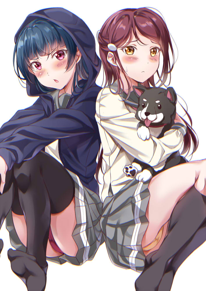 2girls, :o, animal, anko_(love_live!_sunshine!!), bangs, black_legwear, blue_hair, blush